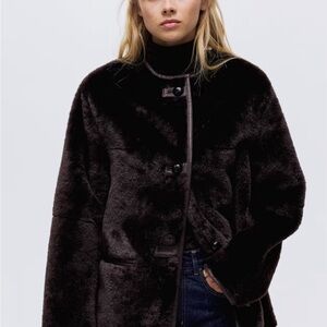 H&M Brown Furry Faux Fur Jacket Oversized